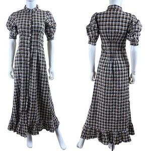 Mille Size XS Laurel Cotton Plaid Ruffle Peasant Prairie Maxi NEW Dress FLAWED*